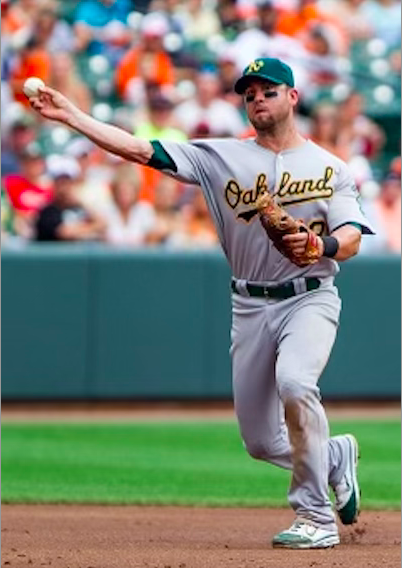 Pro4mer Brandon Hicks making baseball play while with OAK Athletics